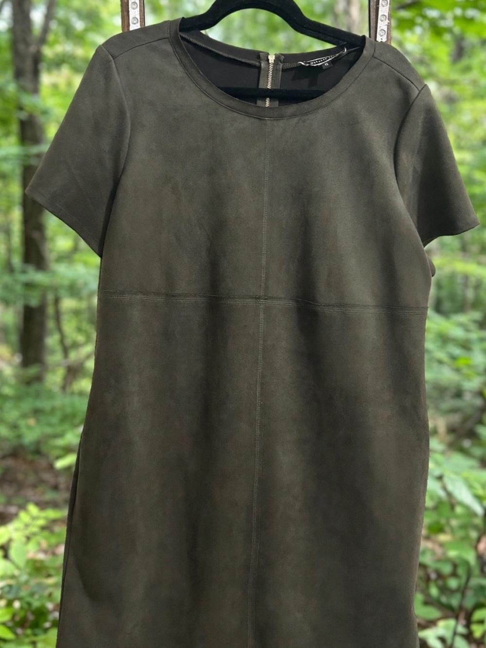 Short Sleeve Faux Suede Shift Dress - Olive